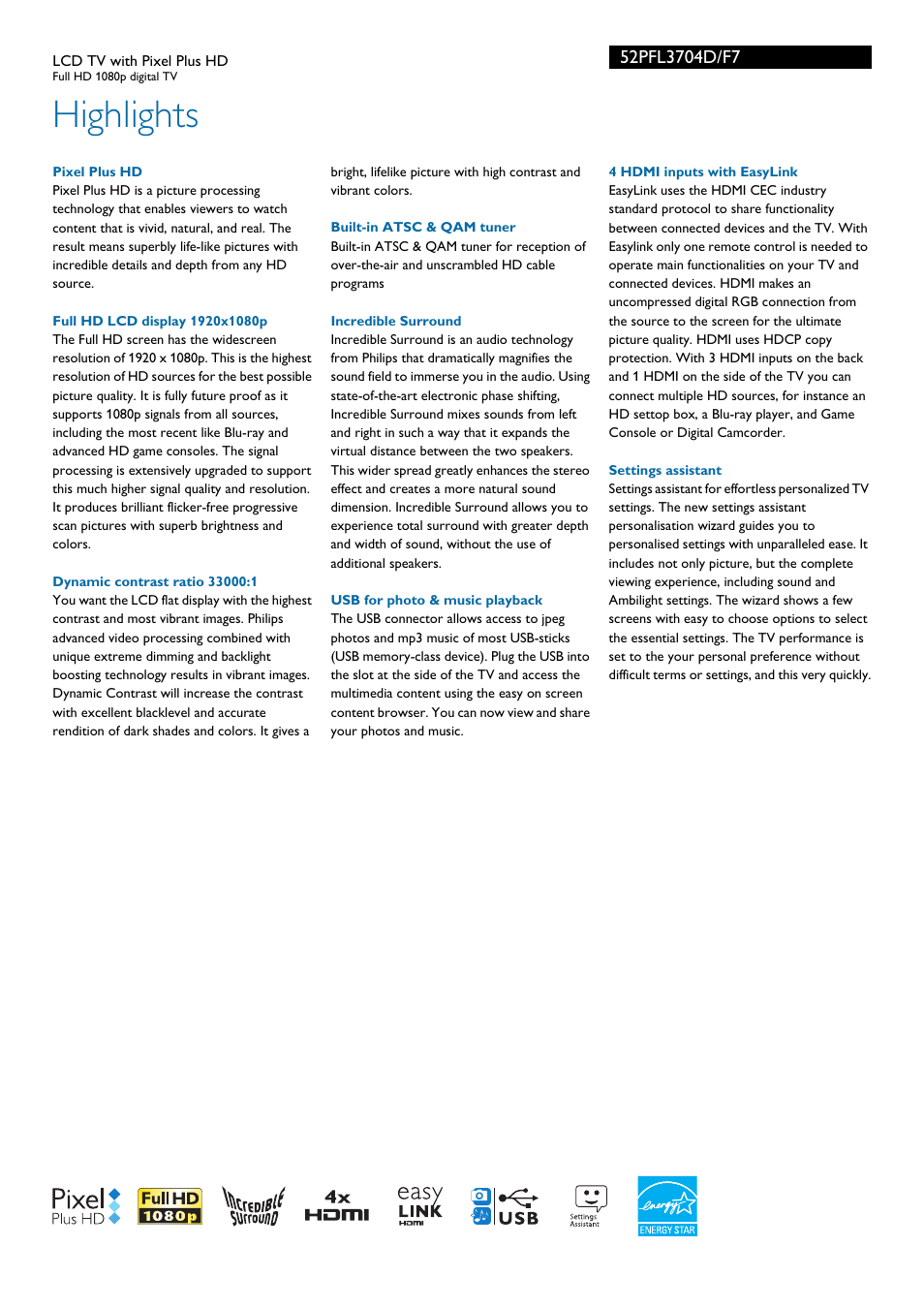 Highlights | Philips 52PFL3704D-F7 User Manual | Page 2 / 3
