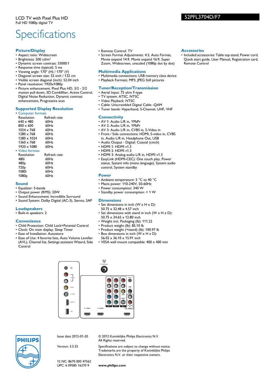 Specifications | Philips 52PFL3704D-F7 User Manual | Page 3 / 3