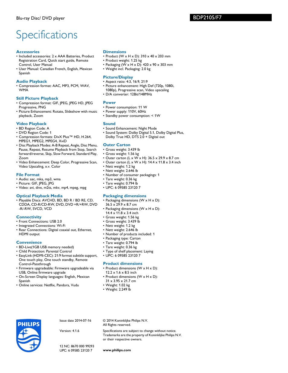 Specifications | Philips BDP2105-F7 User Manual | Page 3 / 3