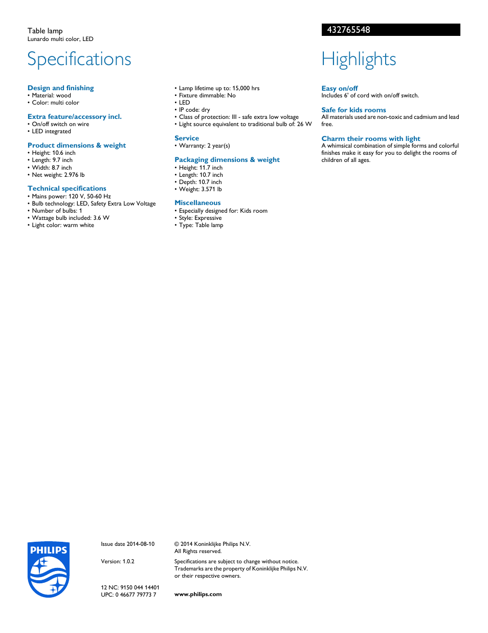 Specifications, Highlights | Philips 432765548 User Manual | Page 2 / 2