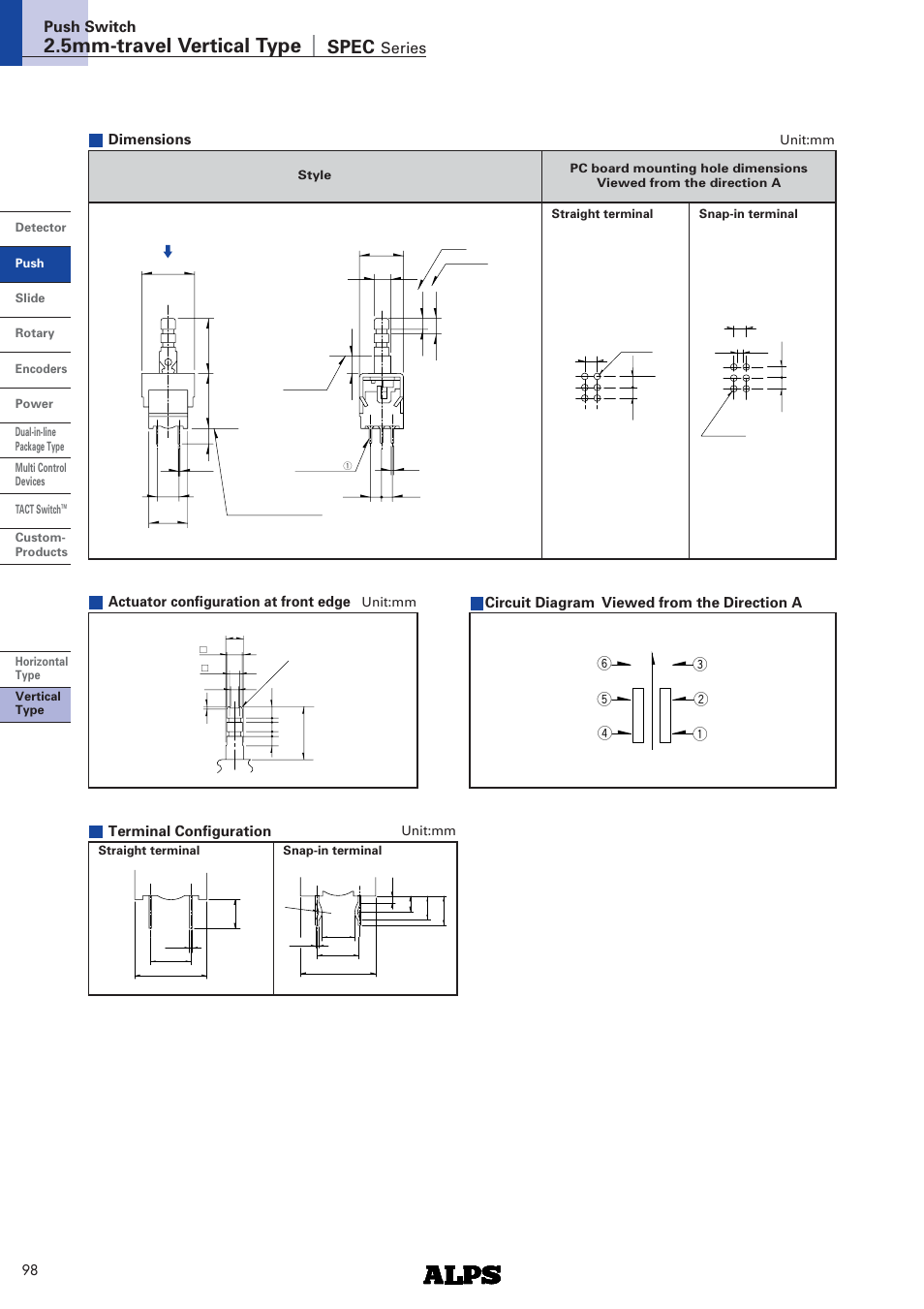 Dimensions, 5mm-travel vertical type, Spec | Series push switch, Actuator configuration at front edge, Circuit diagram viewed from the direction a, Terminal configuration | Alps Electric SPEC Series User Manual | Page 2 / 4
