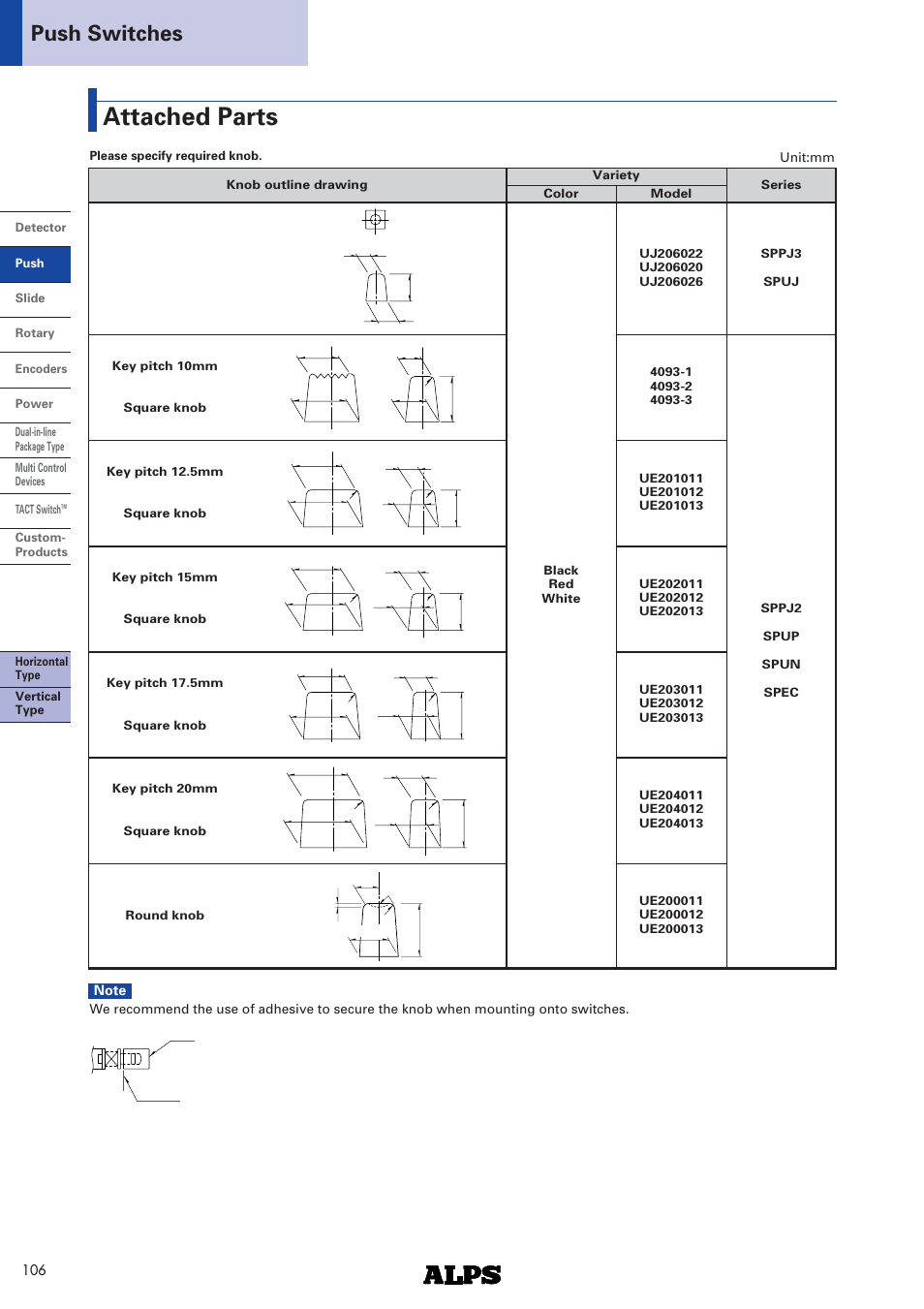 Attached parts, Push switches | Alps Electric SPEC Series User Manual | Page 4 / 4