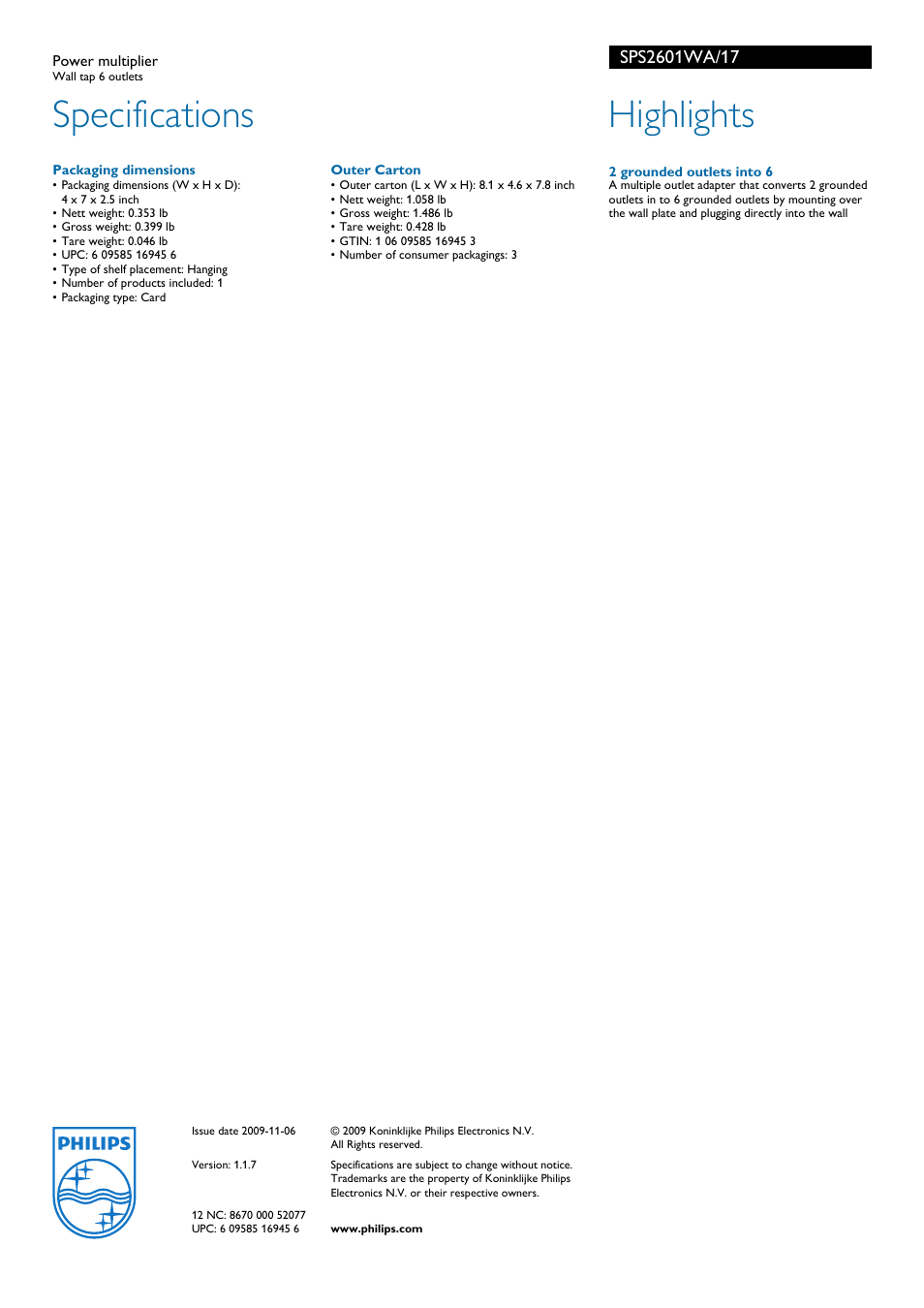 Specifications, Highlights | Philips SPS2601WA-17 User Manual | Page 2 / 2