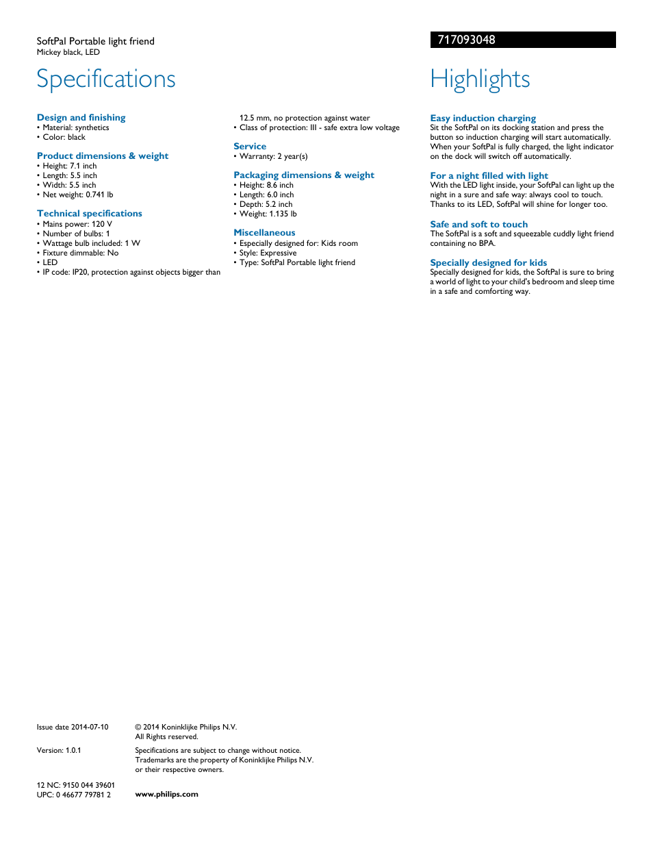 Specifications, Highlights | Philips 717093048 User Manual | Page 2 / 2