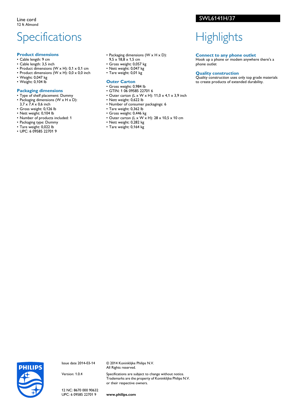 Specifications, Highlights | Philips SWL6141H-37 User Manual | Page 2 / 2