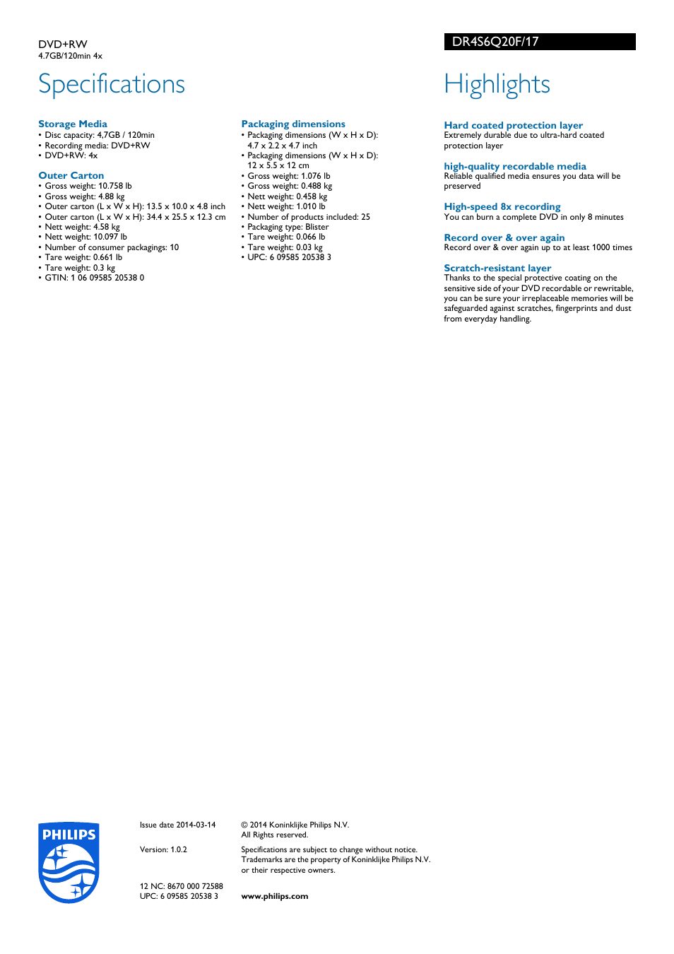Specifications, Highlights | Philips DR4S6Q20F-17 User Manual | Page 2 / 2
