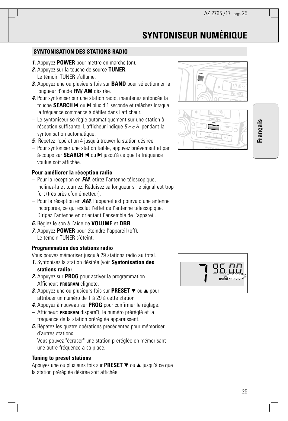Syntoniseur numérique, Français | Philips Portable CD Mini System User Manual | Page 25 / 47