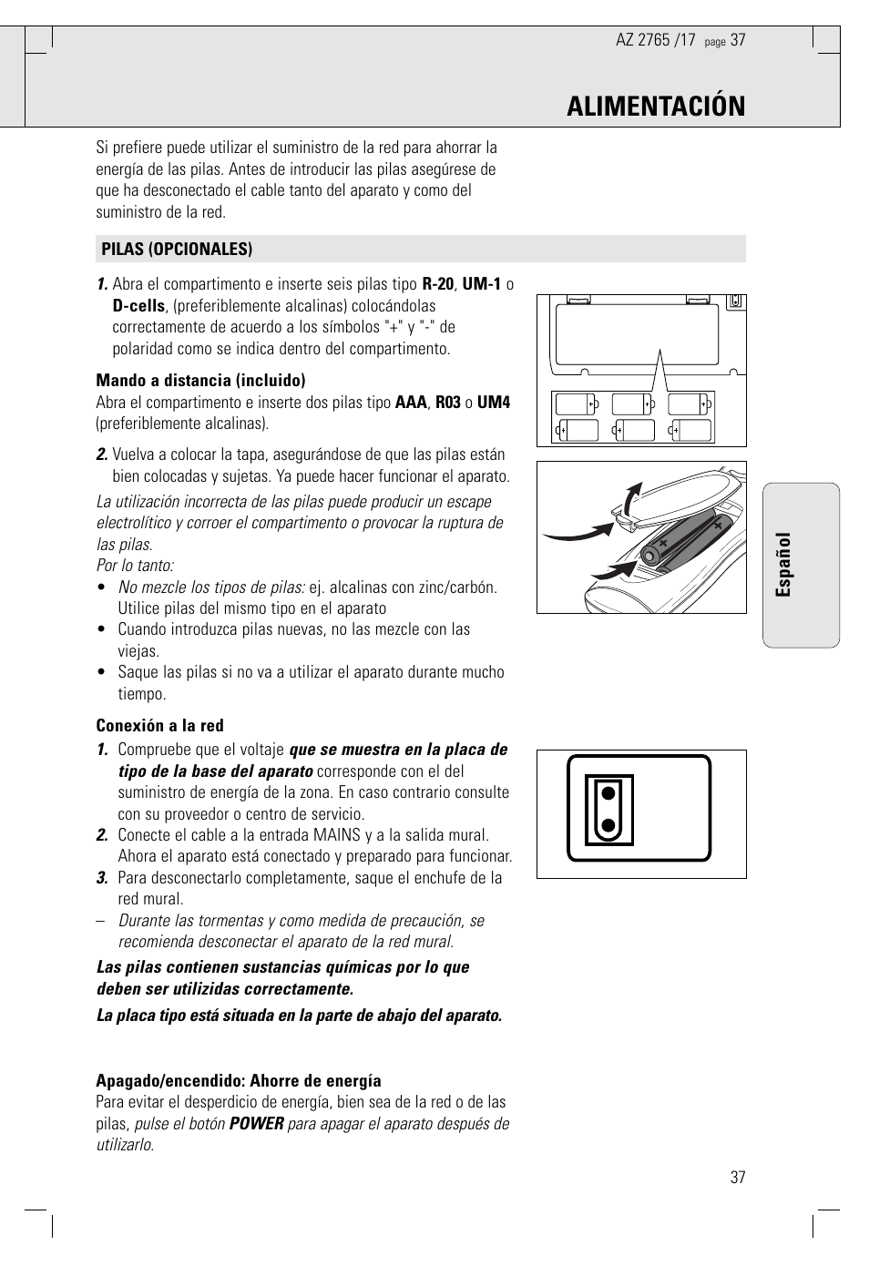 Alimentación, Español | Philips Portable CD Mini System User Manual | Page 37 / 47