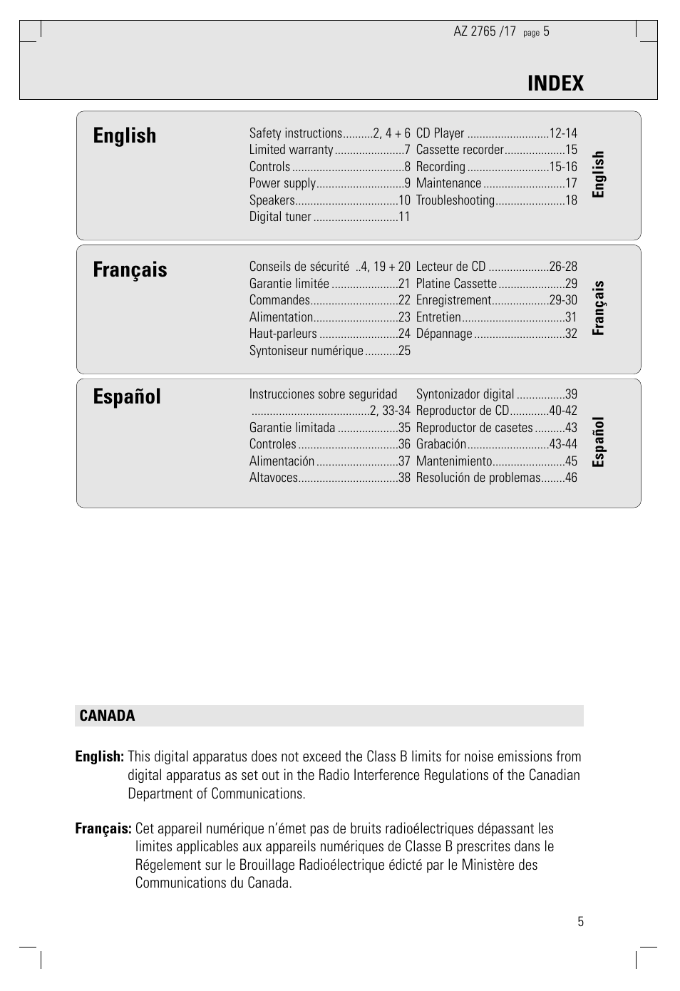 Index, English, Español | Français | Philips Portable CD Mini System User Manual | Page 5 / 47