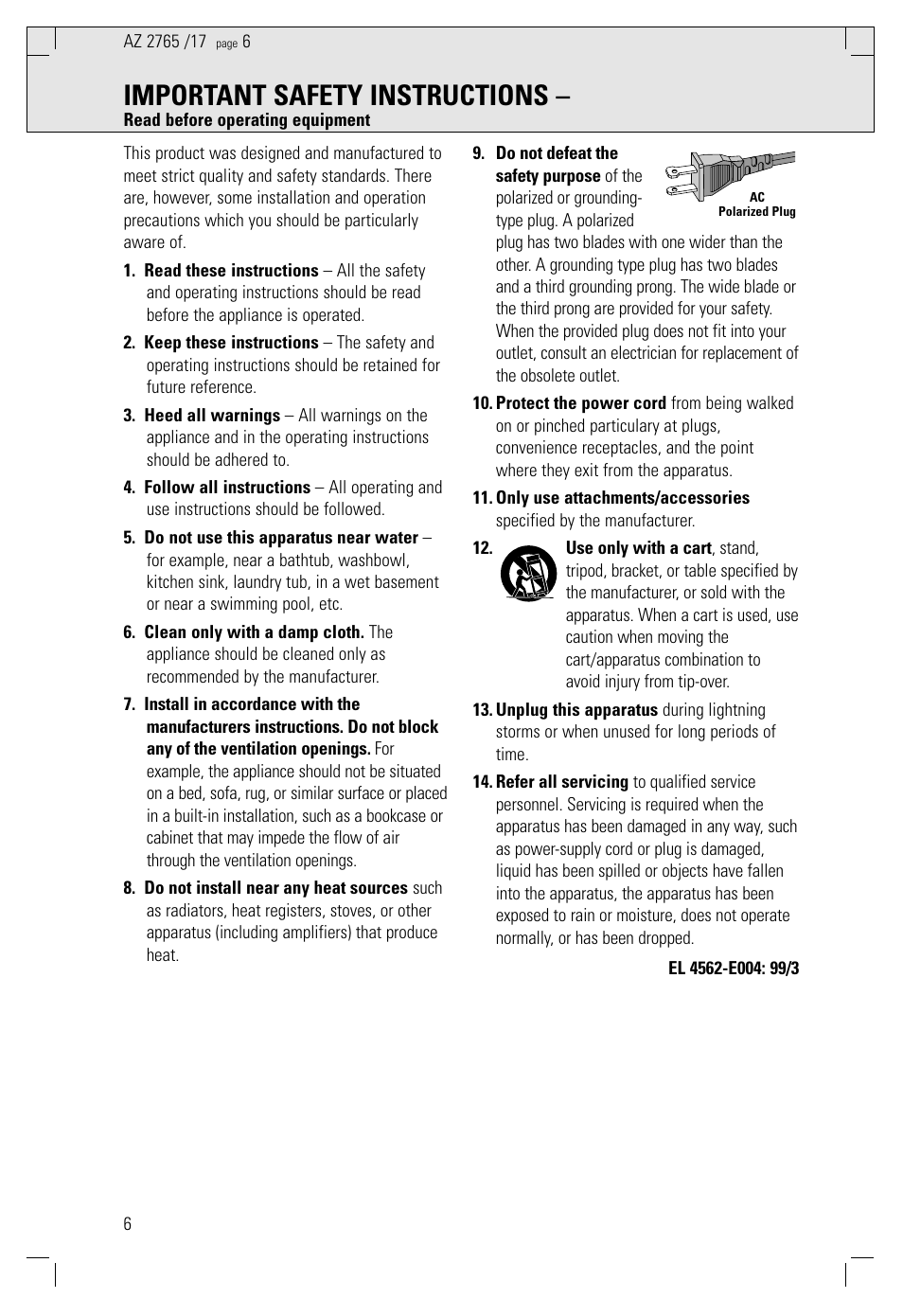 Important safety instructions | Philips Portable CD Mini System User Manual | Page 6 / 47
