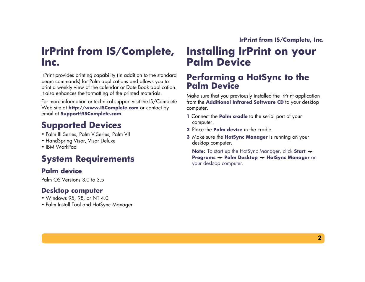 Irprint from is/complete, inc, Supported devices, System requirements | Installing irprint on your palm device, Performing a hotsync to the palm device | Airport Appliance Printer User Manual | Page 2 / 4