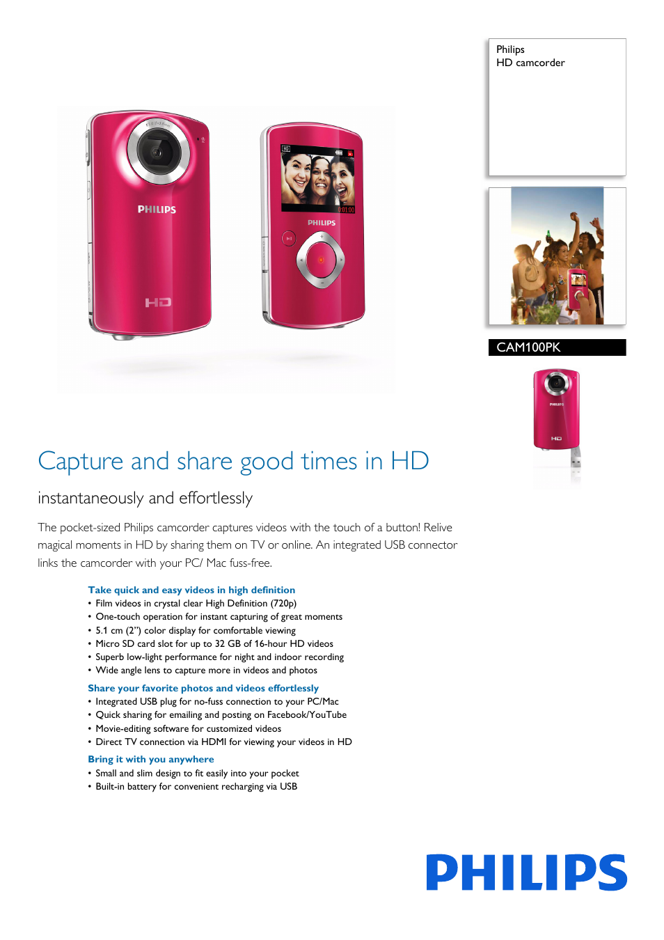 Philips HD camcorder CAM100PK User Manual | 3 pages