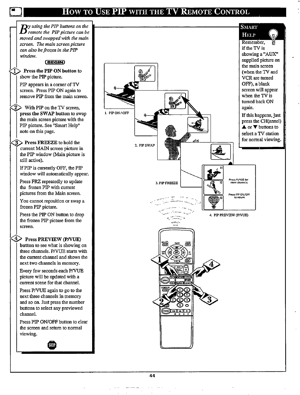 How to use pip with the tv remote control, How to u, Tv r | Philips MX3297B User Manual | Page 44 / 56