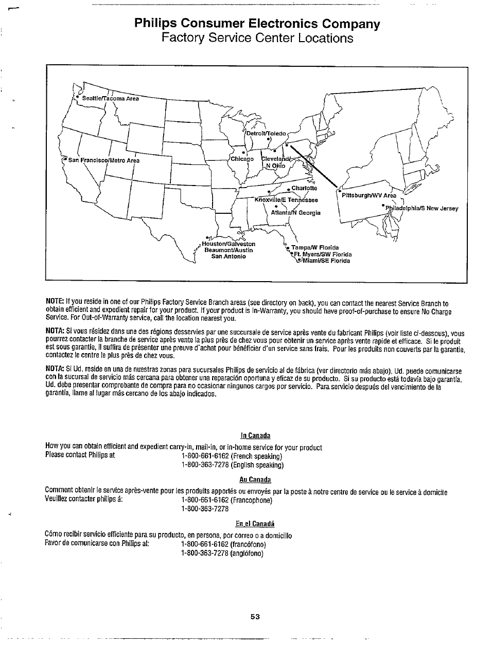 Philips consumer electronics company, Factory service center locations | Philips MX3297B User Manual | Page 53 / 56