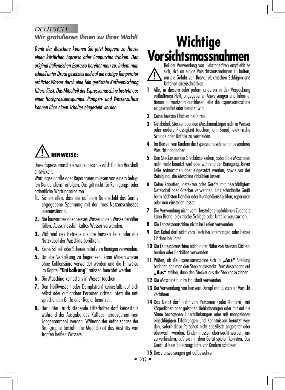 Wichtige vorsichtsmassnahmen | Philips GAGGIA NEW ES06 COLOR RED User Manual | Page 23 / 76