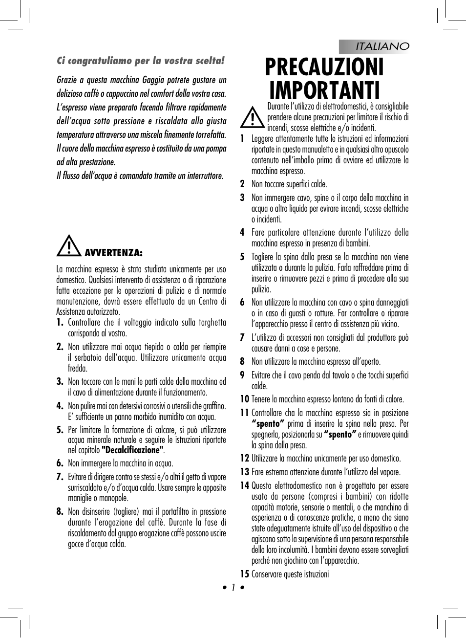 Precauzioni importanti | Philips GAGGIA NEW ES06 COLOR RED User Manual | Page 4 / 76