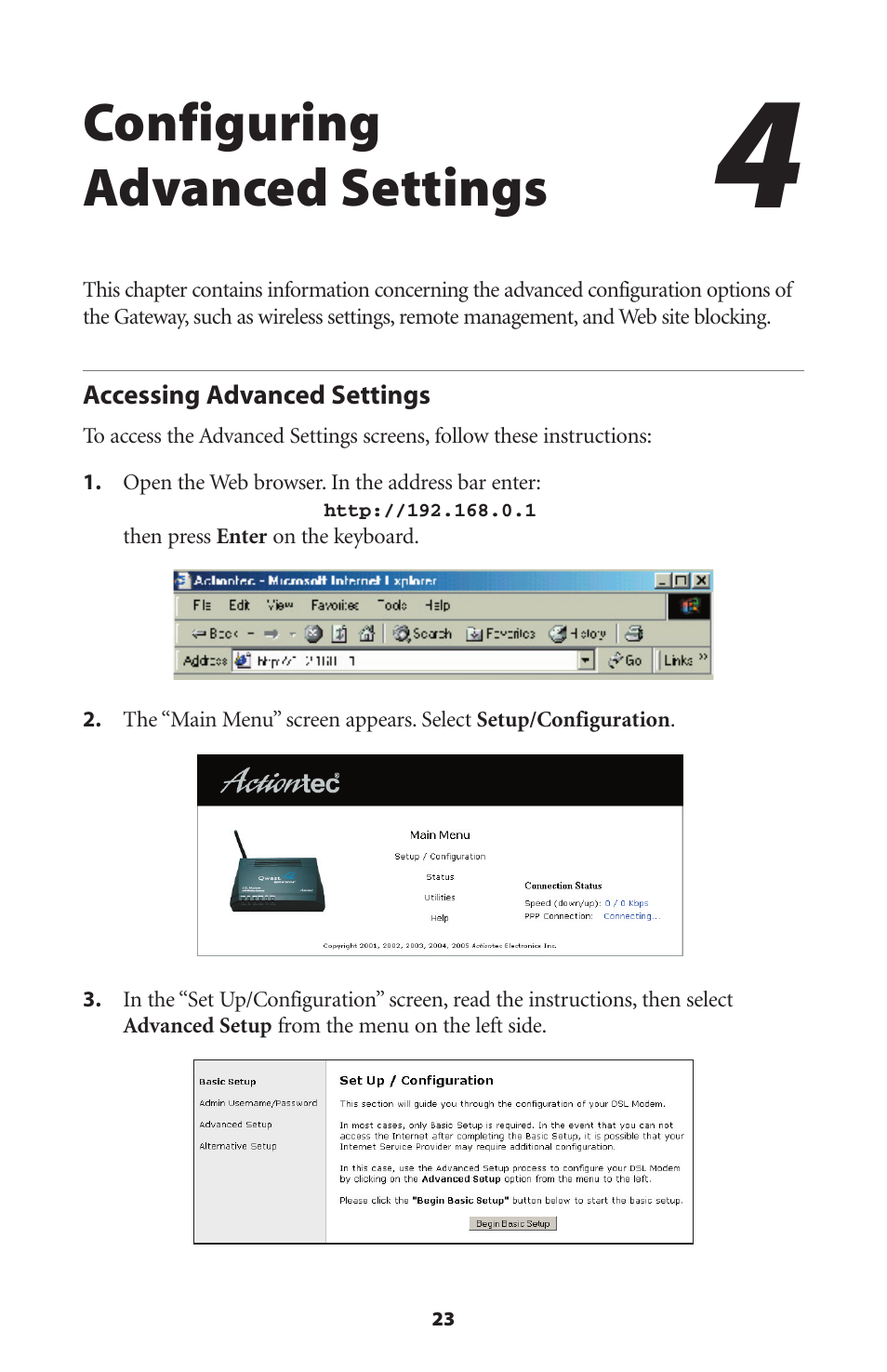 Configuring advanced settings | Actiontec electronic Wireless DSL Gateway GT704WG-QW04 User Manual | Page 26 / 97