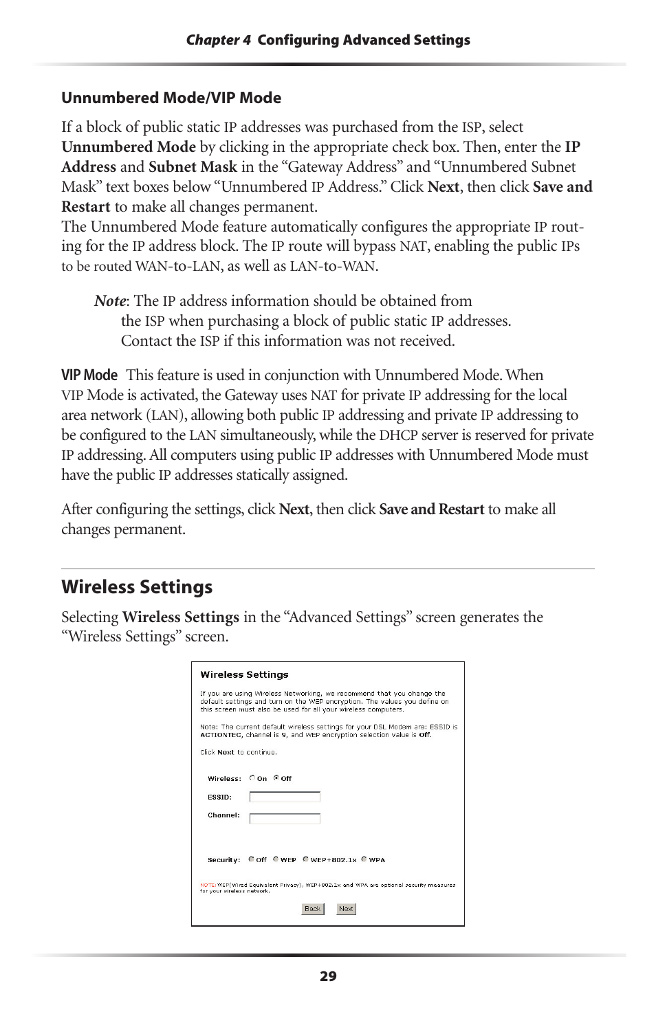 Wireless settings | Actiontec electronic Wireless DSL Gateway GT704WG-QW04 User Manual | Page 32 / 97