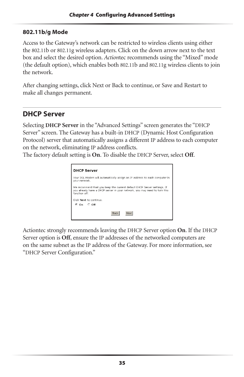 Dhcp server | Actiontec electronic Wireless DSL Gateway GT704WG-QW04 User Manual | Page 38 / 97