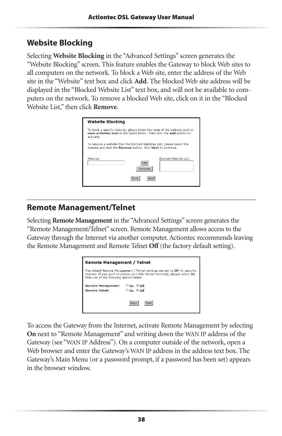 Website blocking, Remote management/telnet | Actiontec electronic Wireless DSL Gateway GT704WG-QW04 User Manual | Page 41 / 97