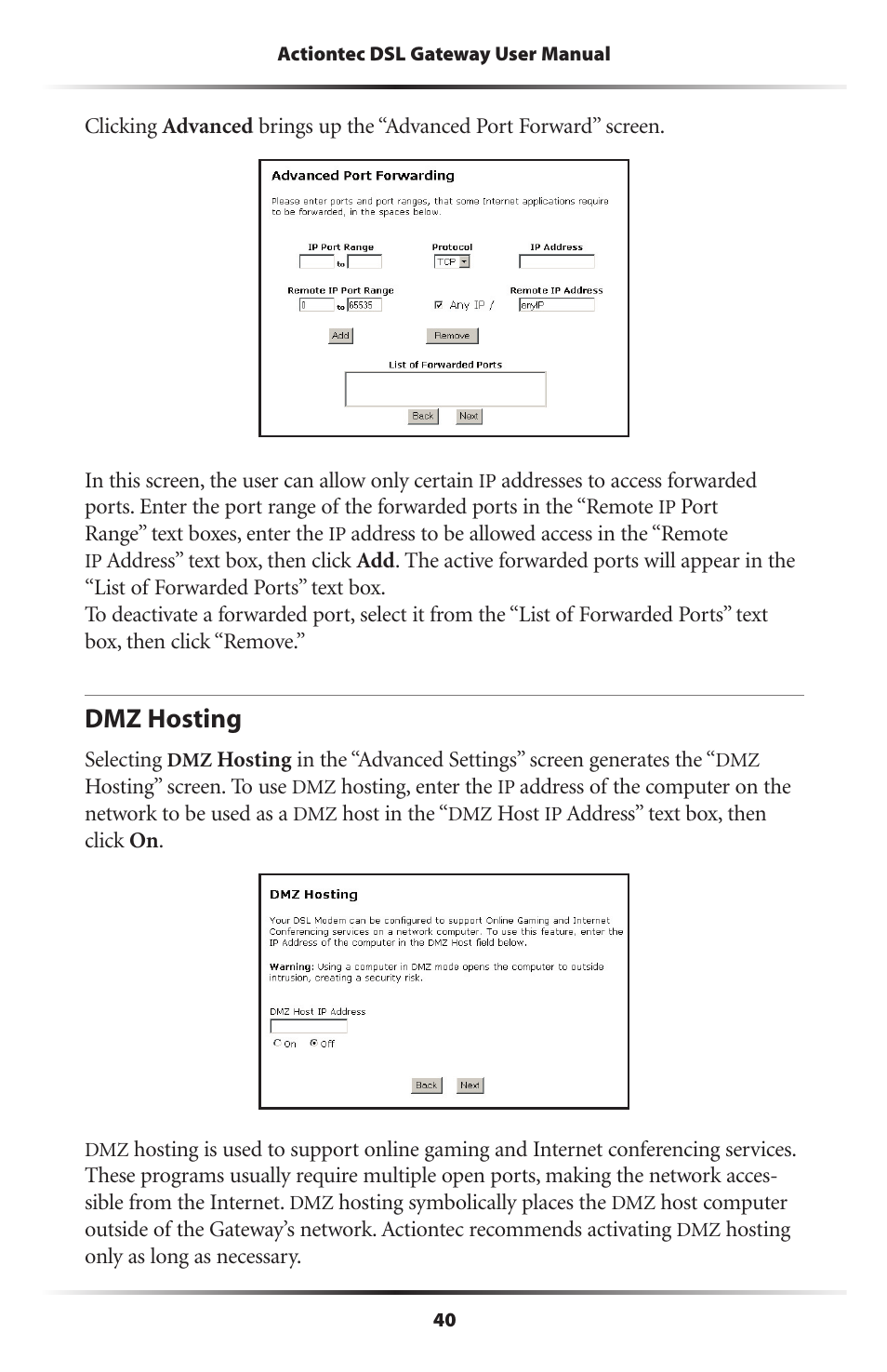 Dmz hosting | Actiontec electronic Wireless DSL Gateway GT704WG-QW04 User Manual | Page 43 / 97