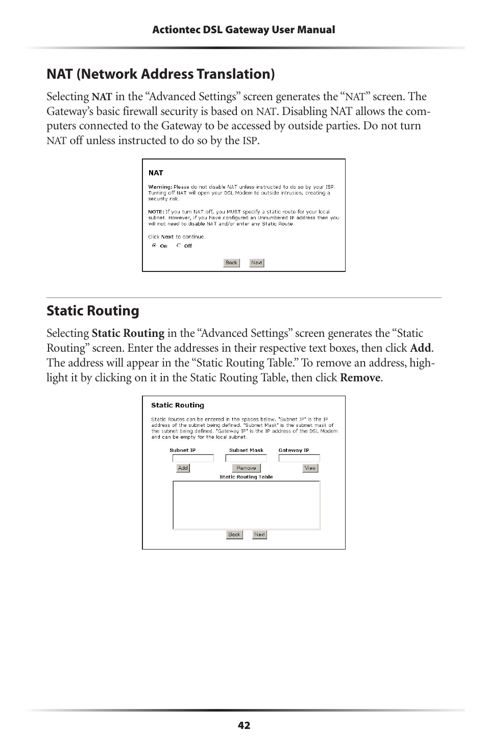 Nat (network address translation), Static routing | Actiontec electronic Wireless DSL Gateway GT704WG-QW04 User Manual | Page 45 / 97