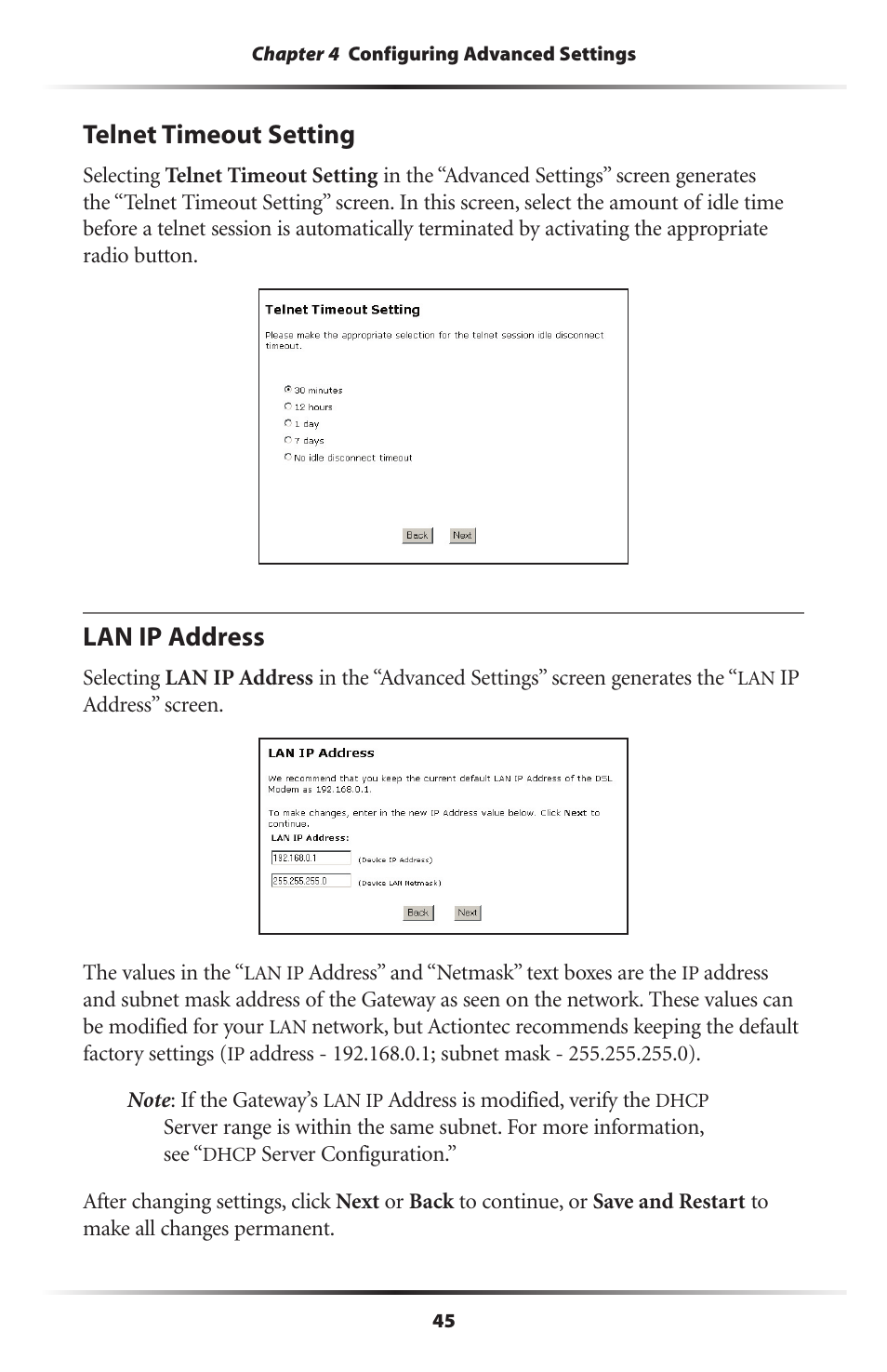 Telnet timeout setting, Lan ip address | Actiontec electronic Wireless DSL Gateway GT704WG-QW04 User Manual | Page 48 / 97