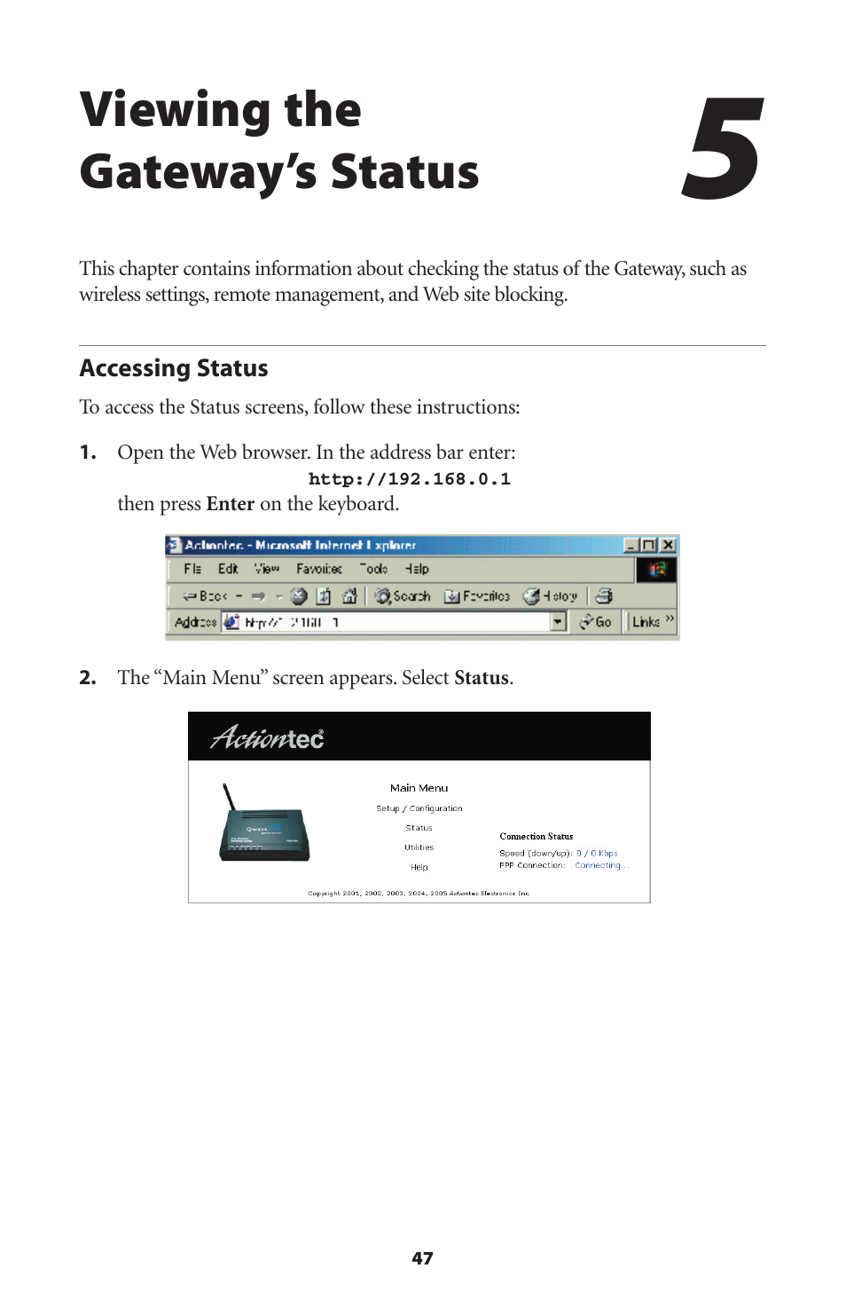 Viewing the gateway’s status | Actiontec electronic Wireless DSL Gateway GT704WG-QW04 User Manual | Page 50 / 97