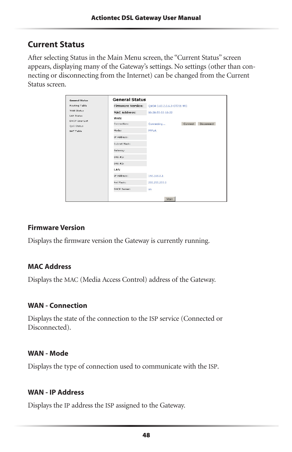 Current status | Actiontec electronic Wireless DSL Gateway GT704WG-QW04 User Manual | Page 51 / 97