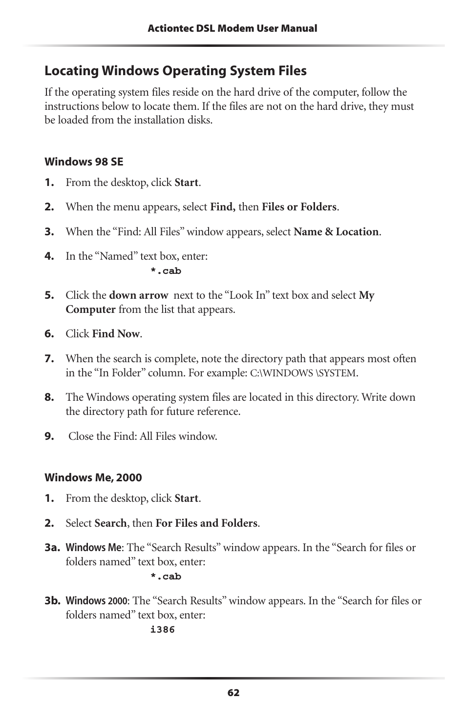 Locating windows operating system files | Actiontec electronic Wireless DSL Gateway GT704WG-QW04 User Manual | Page 65 / 97
