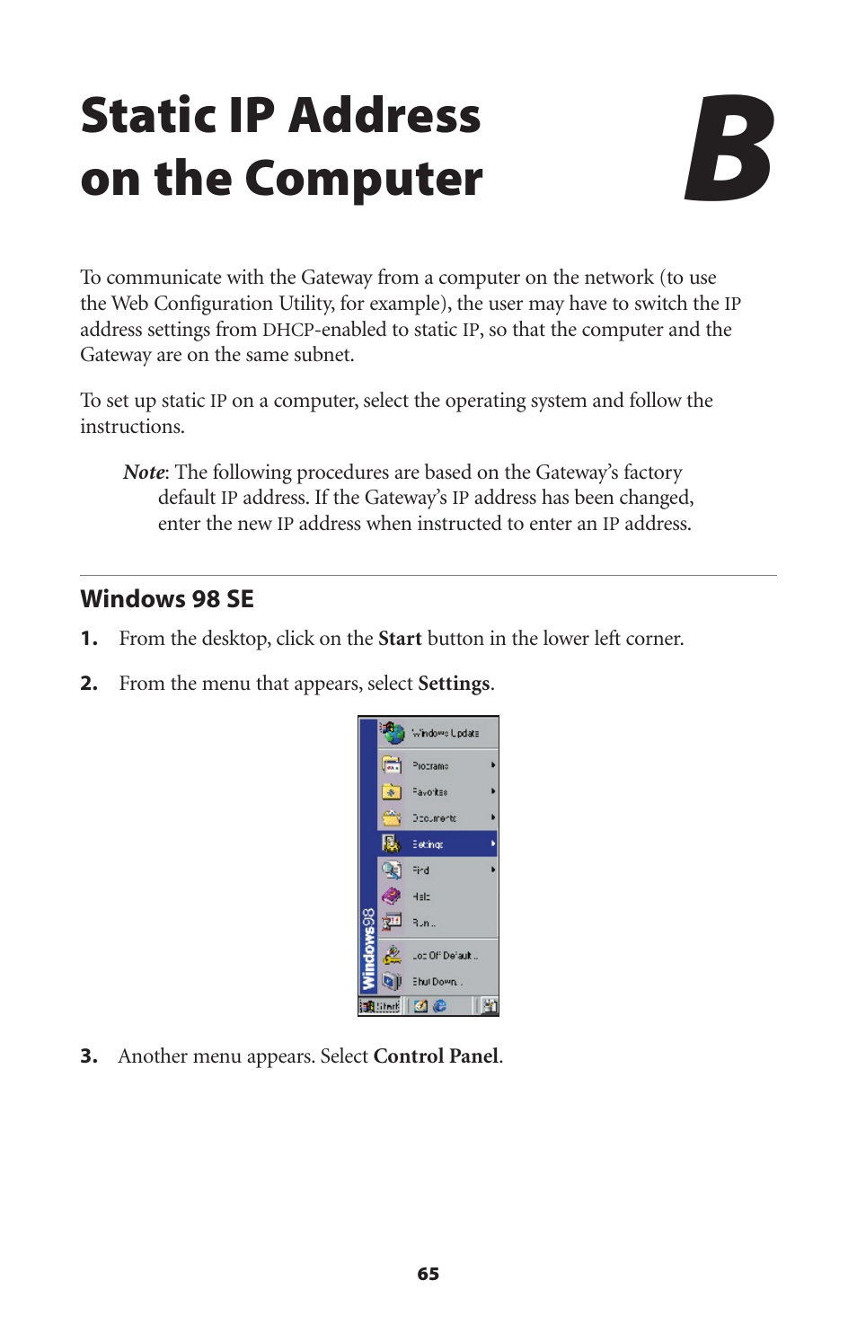 Static ip address on the computer | Actiontec electronic Wireless DSL Gateway GT704WG-QW04 User Manual | Page 68 / 97