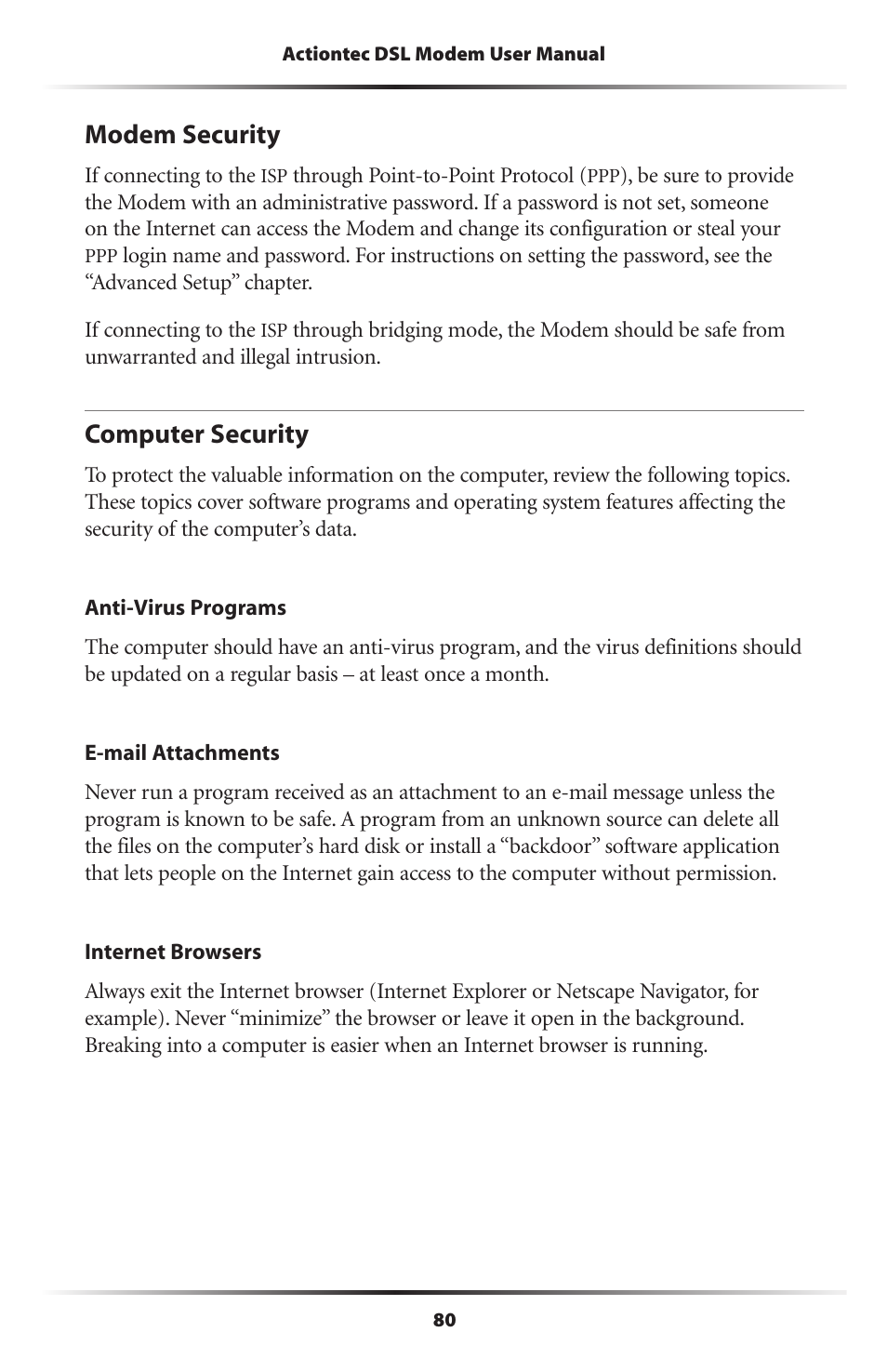 Modem security, Computer security | Actiontec electronic Wireless DSL Gateway GT704WG-QW04 User Manual | Page 83 / 97