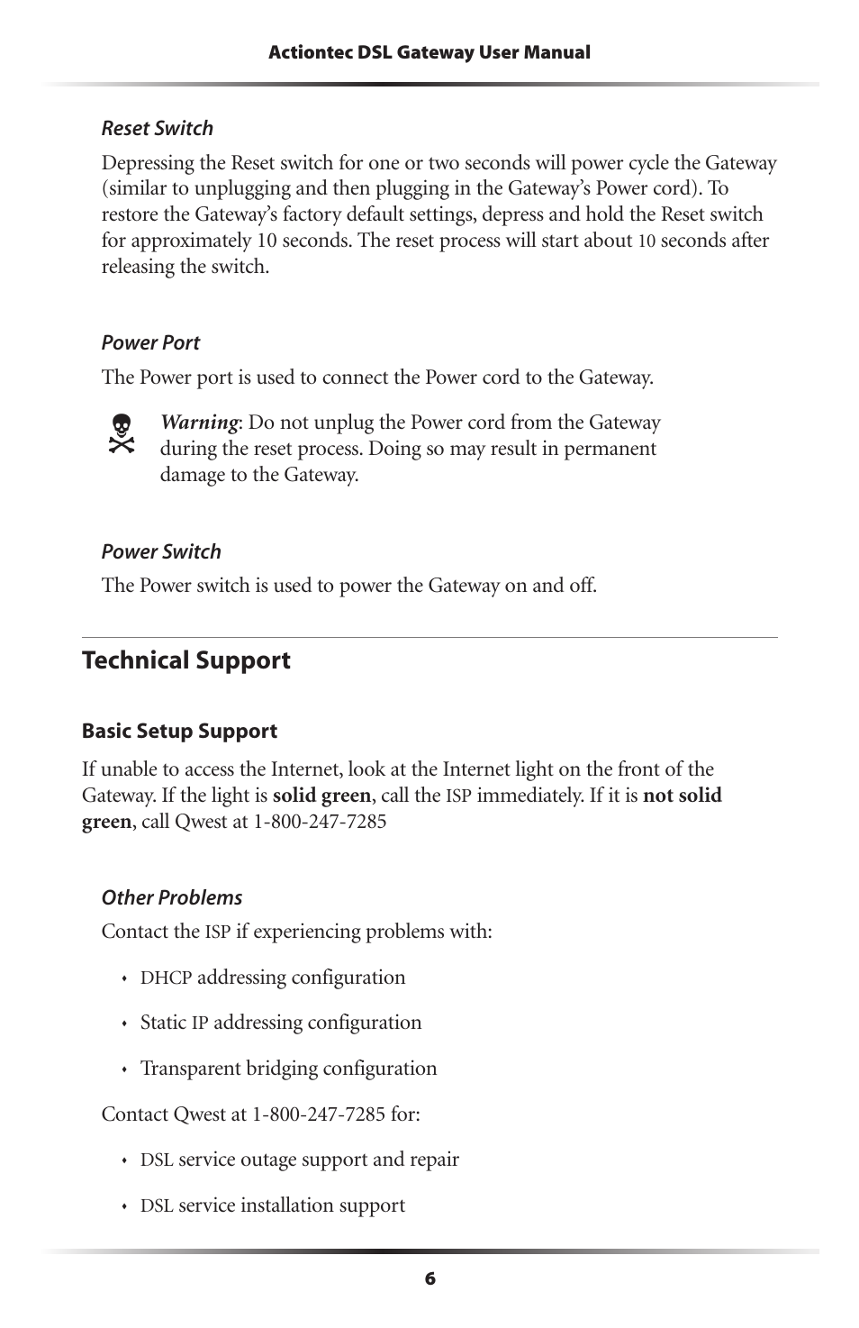 Technical support | Actiontec electronic Wireless DSL Gateway GT704WG-QW04 User Manual | Page 9 / 97