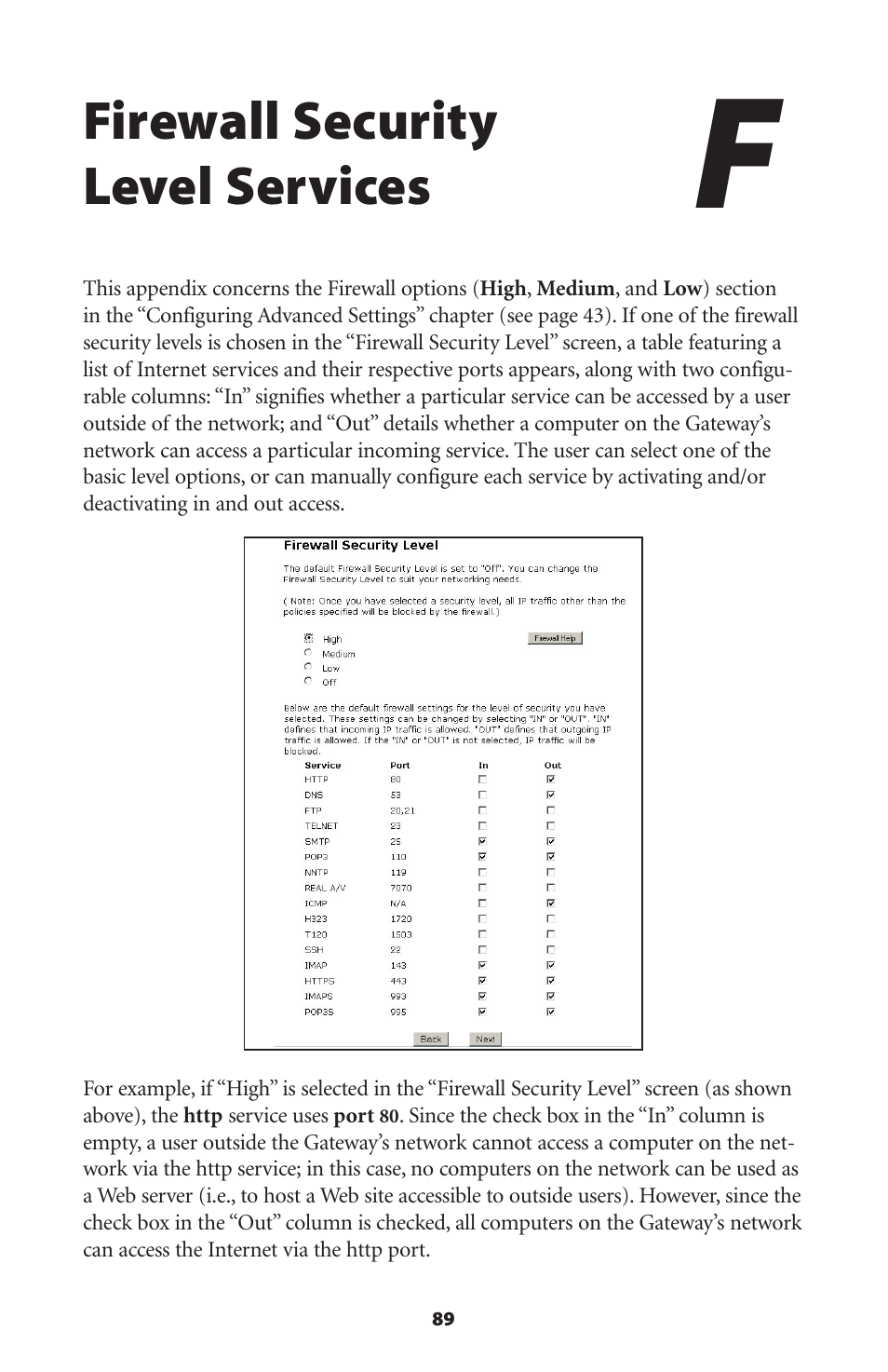 Firewall security level services | Actiontec electronic Wireless DSL Gateway GT704WG-QW04 User Manual | Page 92 / 97