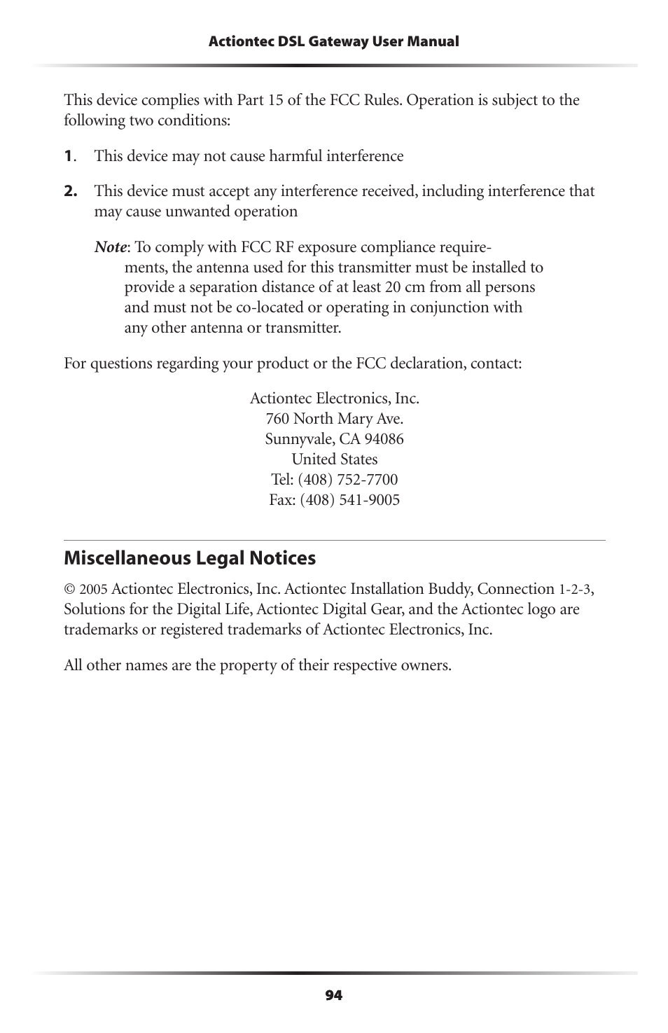 Miscellaneous legal notices | Actiontec electronic Wireless DSL Gateway GT704WG-QW04 User Manual | Page 97 / 97