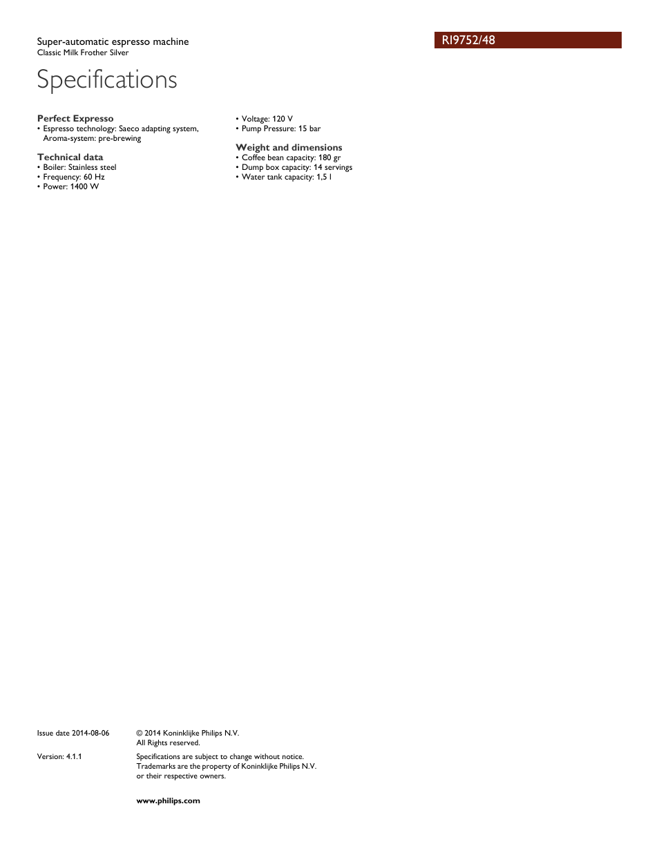 Specifications | Philips RI9752-48 User Manual | Page 3 / 3