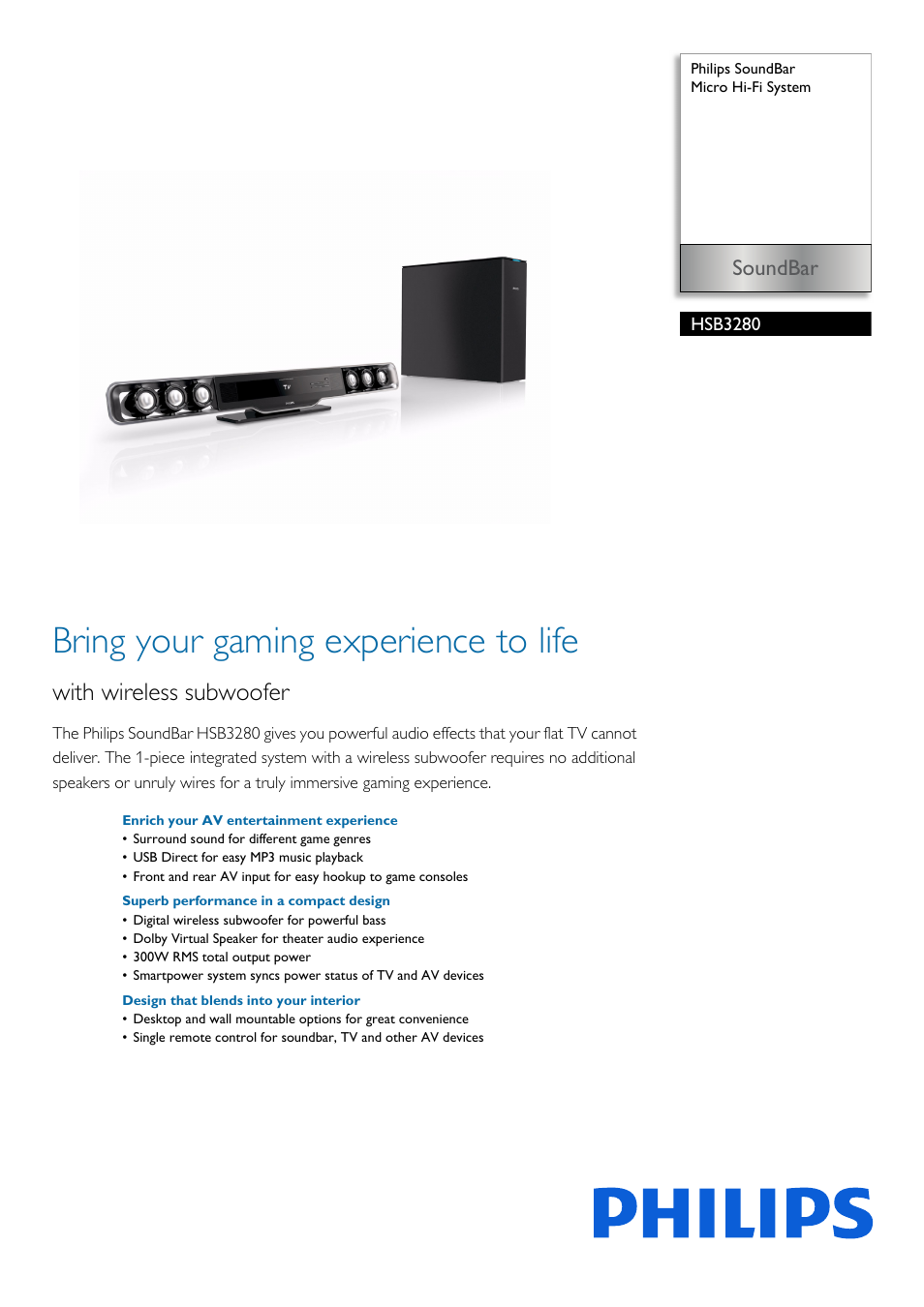 Philips SoundBar Micro Hi-Fi System HSB3280 User Manual | 2 pages