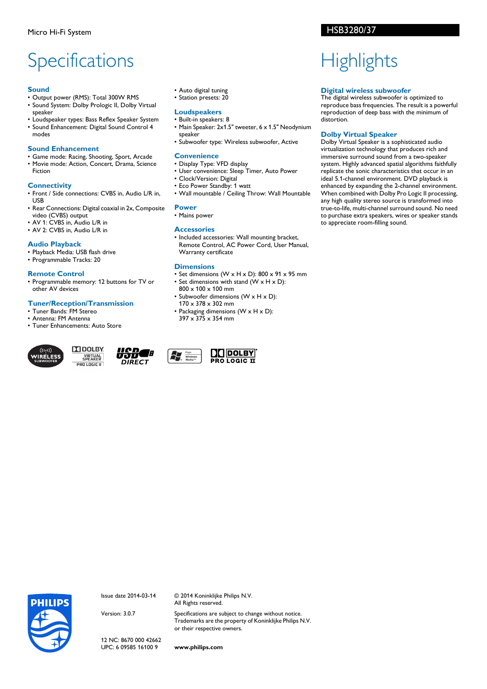 Specifications, Highlights | Philips SoundBar Micro Hi-Fi System HSB3280 User Manual | Page 2 / 2