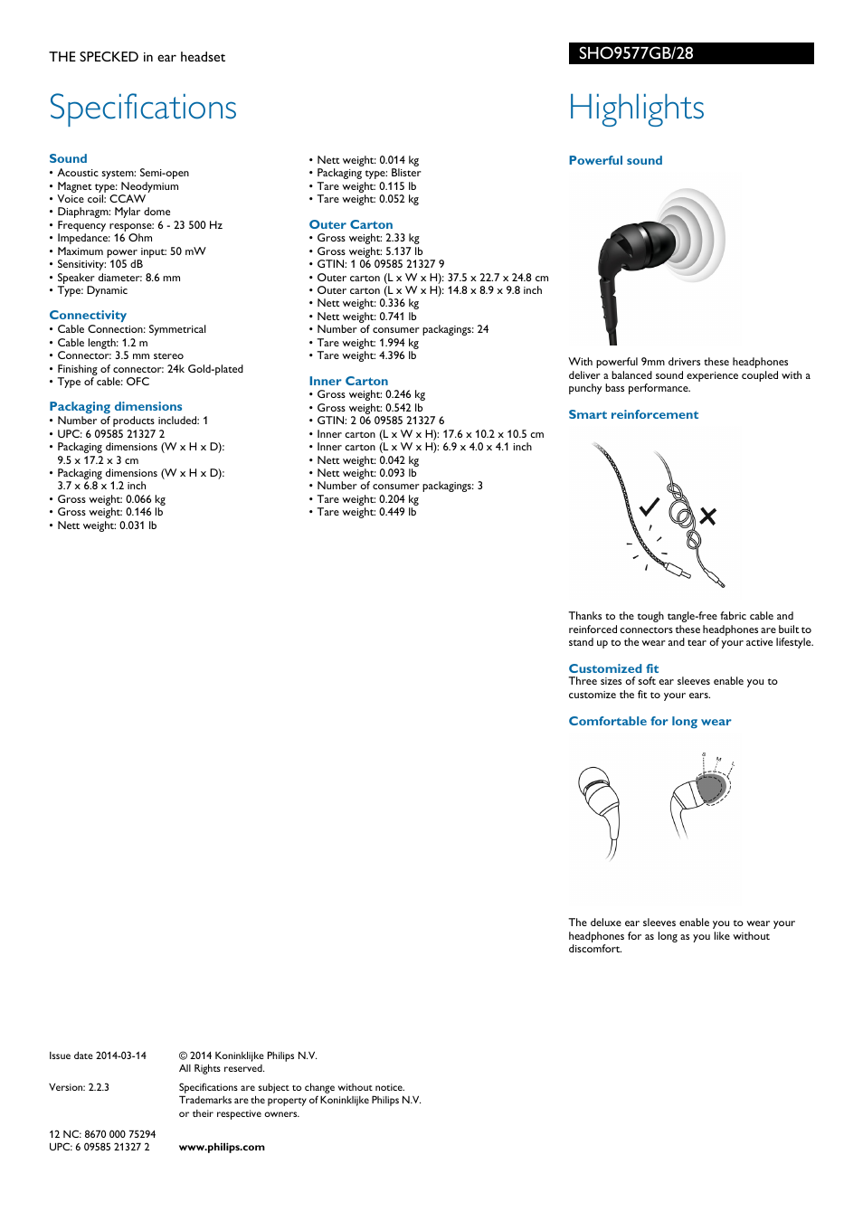 Specifications, Highlights | Philips SHO9577GB-28 User Manual | Page 2 / 2