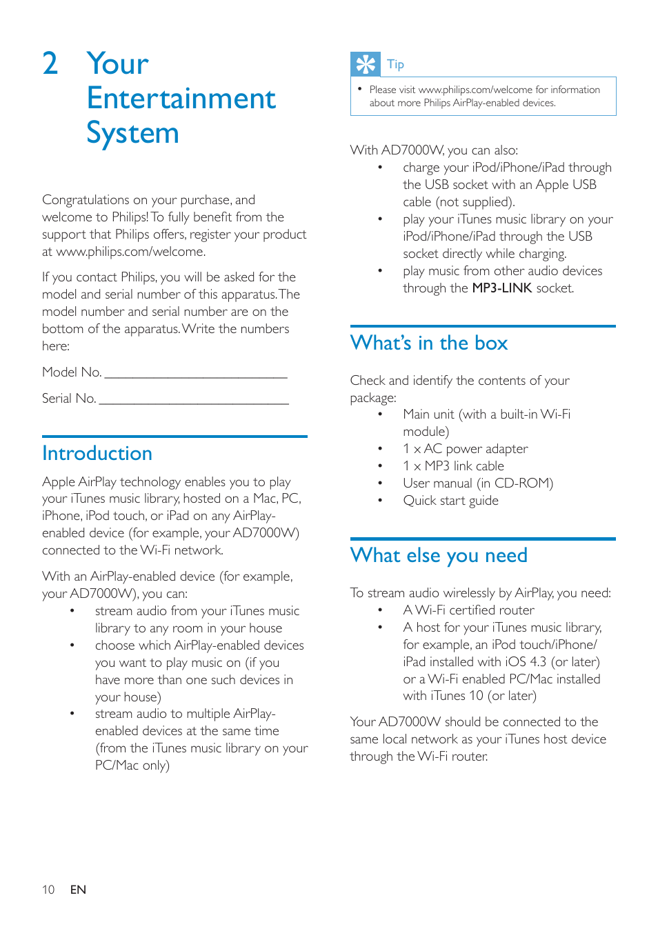 2 your entertainment system, Introduction, What’s in the box | What else you need, 2 your entertainment system 10 | Philips AD7000W-37 User Manual | Page 10 / 28