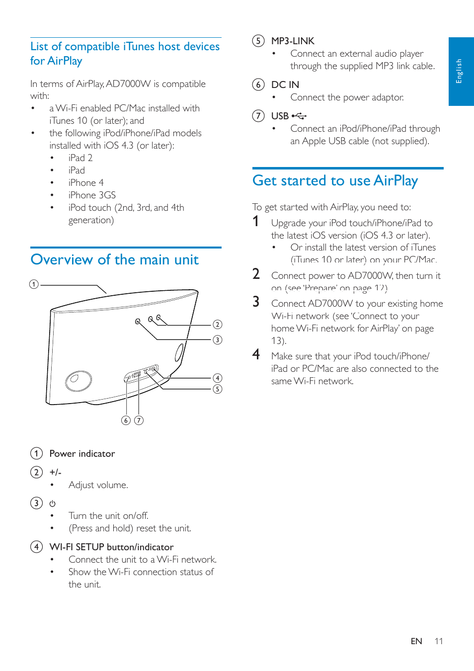 Overview of the main unit, Get started to use airplay, List of compatible itunes host devices for airplay | Philips AD7000W-37 User Manual | Page 11 / 28