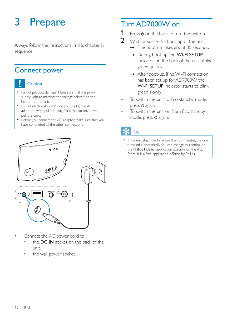 3 prepare, Connect power, Turn ad7000w on | 3 prepare 12, Connect power to ad7000w, then turn it | Philips AD7000W-37 User Manual | Page 12 / 28