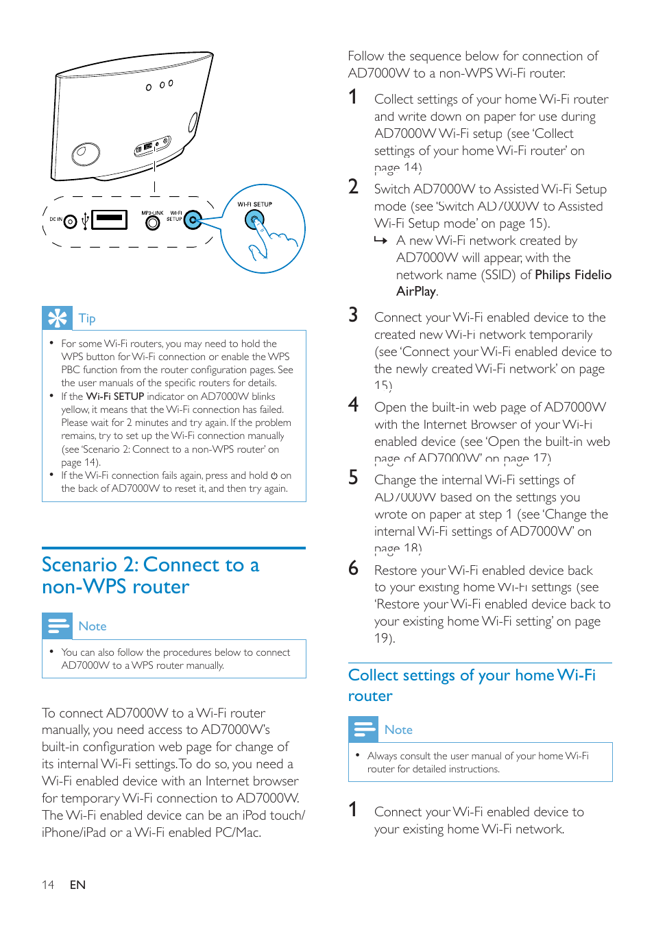 Scenario 2: connect to a non-wps router, Manually - if your wi-fi router does, Not support wps | Philips AD7000W-37 User Manual | Page 14 / 28
