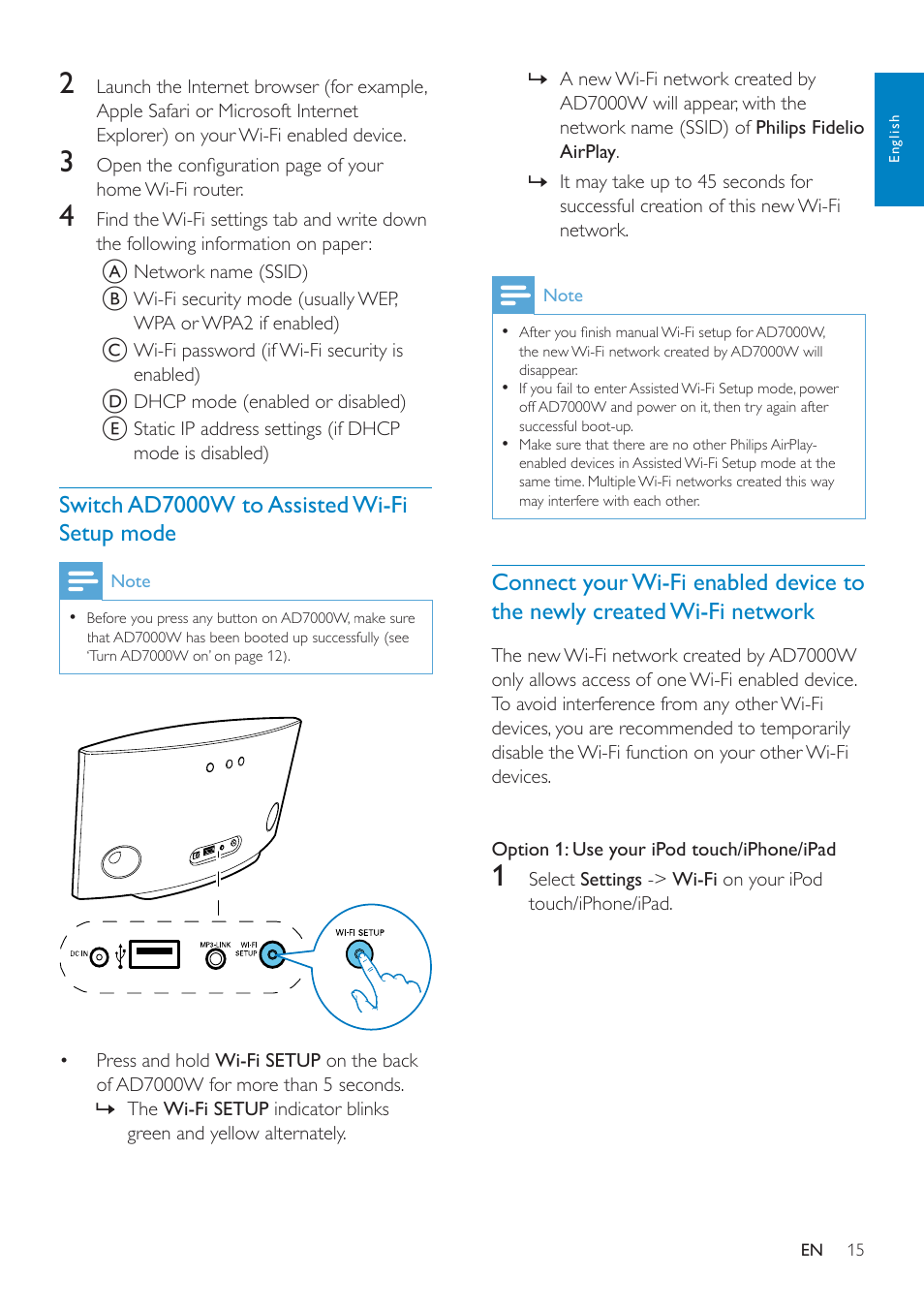 Switch ad7000w to assisted wi-fi setup, Mode, Connect your wi-fi enabled device to the | Created new wi-fi network temporarily | Philips AD7000W-37 User Manual | Page 15 / 28