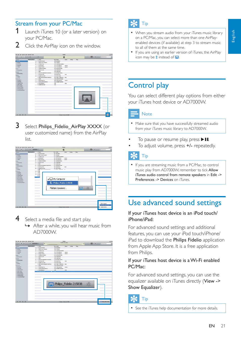 Control play, Use advanced sound settings | Philips AD7000W-37 User Manual | Page 21 / 28