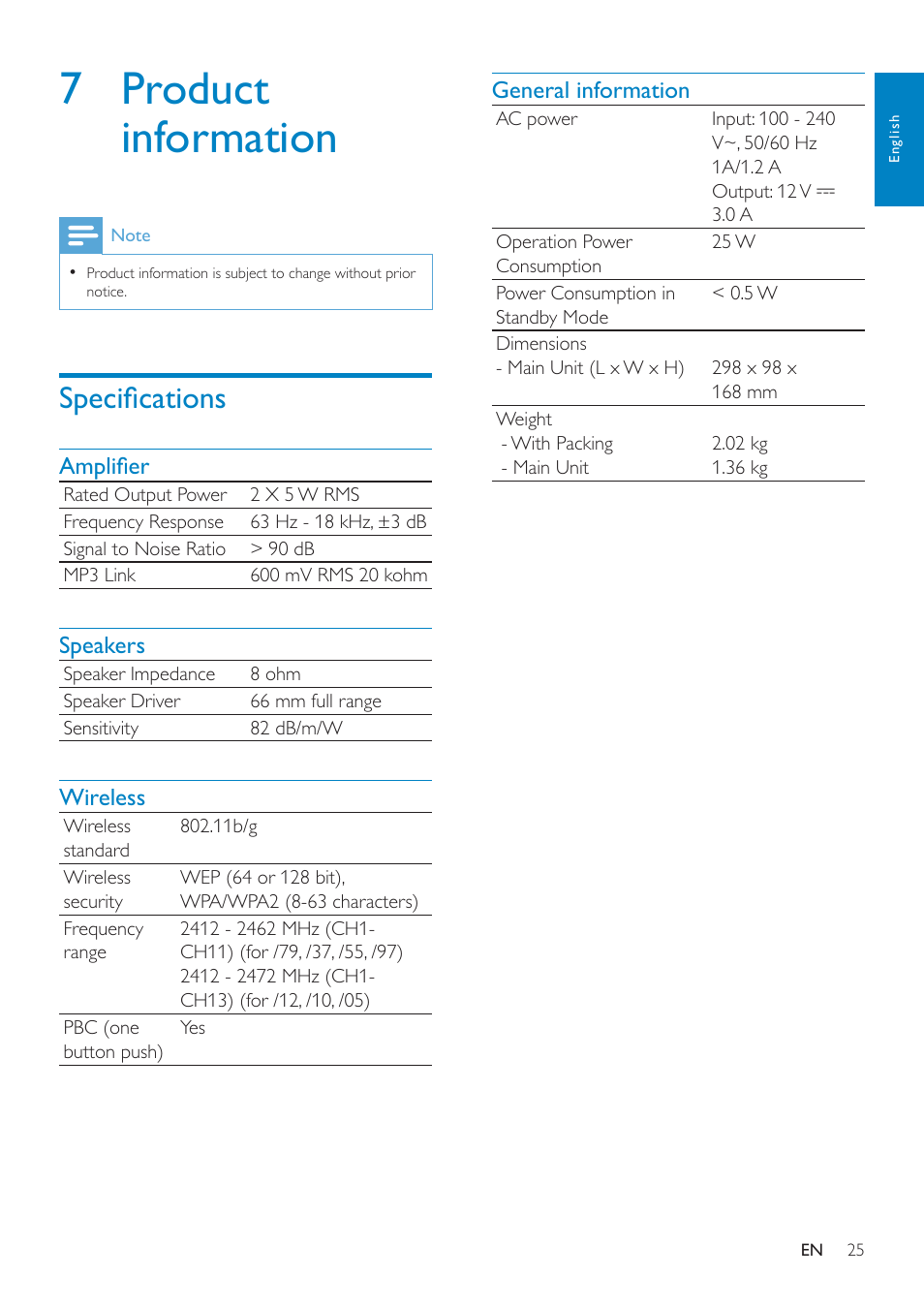 7 product information, Specifications, 7 product information 25 | Philips AD7000W-37 User Manual | Page 25 / 28