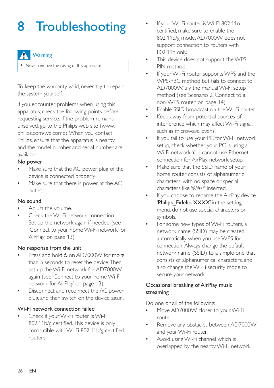 8 troubleshooting, 8 troubleshooting 26 | Philips AD7000W-37 User Manual | Page 26 / 28