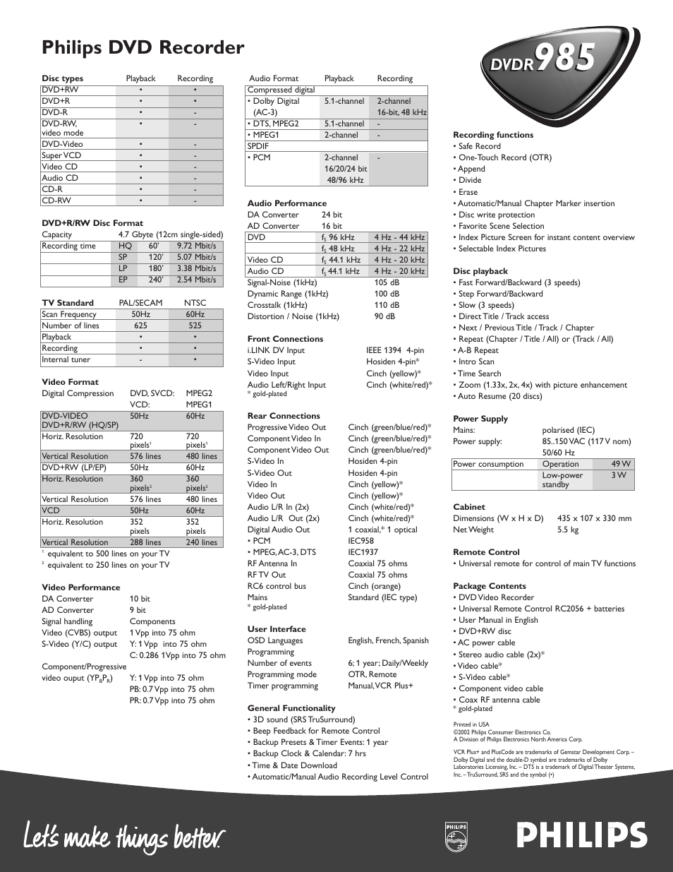 Philips dvd recorder, Dvdr | Philips DVDR985A99 User Manual | Page 2 / 2