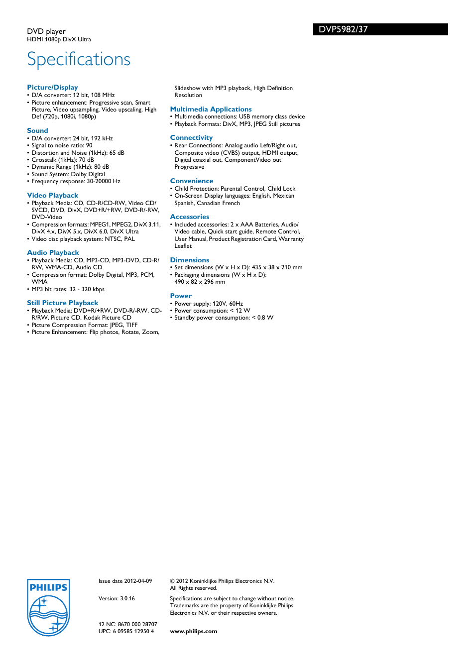 Specifications | Philips DVP5982-37B User Manual | Page 3 / 3