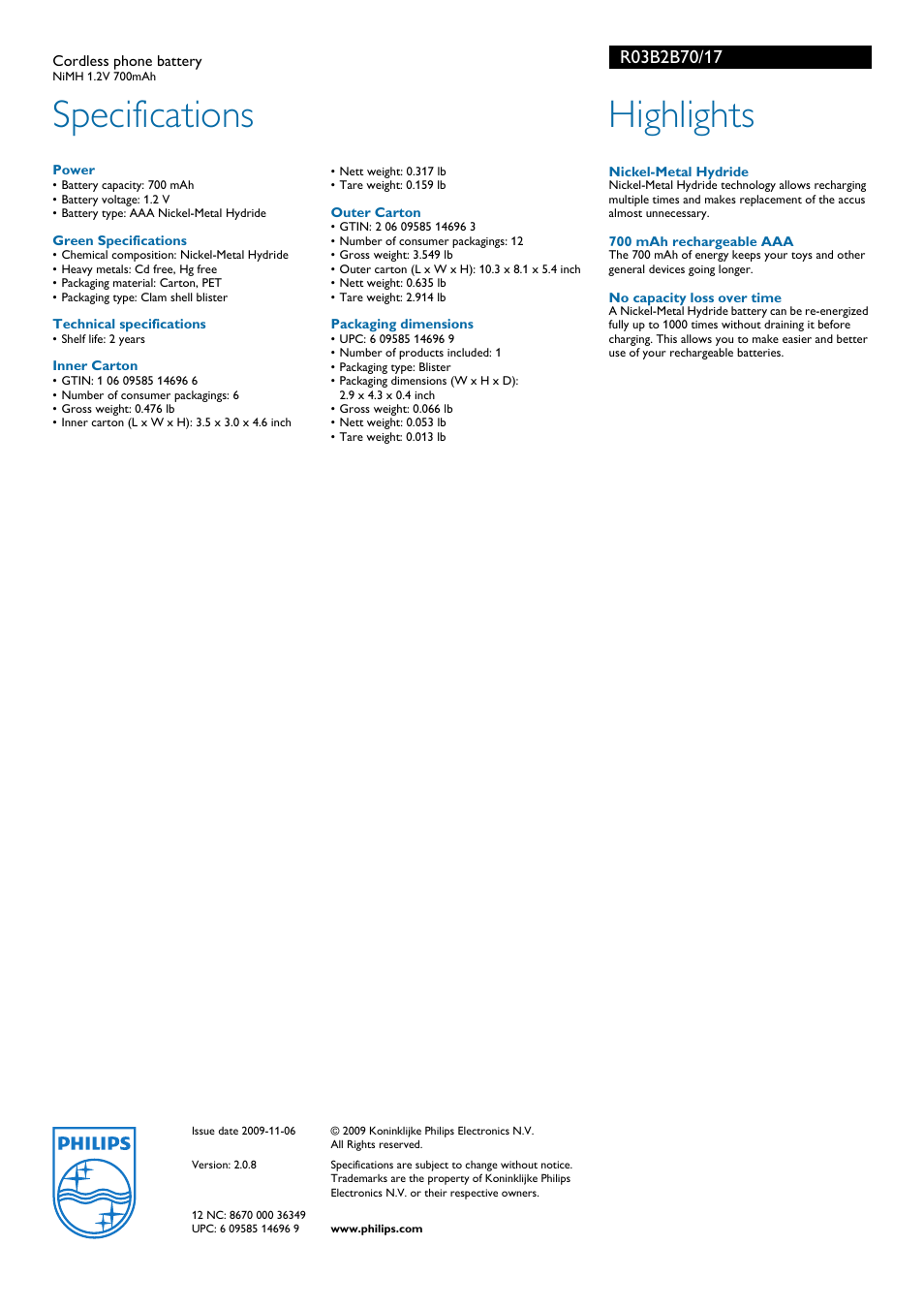 Specifications, Highlights | Philips R03B2B70-17 User Manual | Page 2 / 2